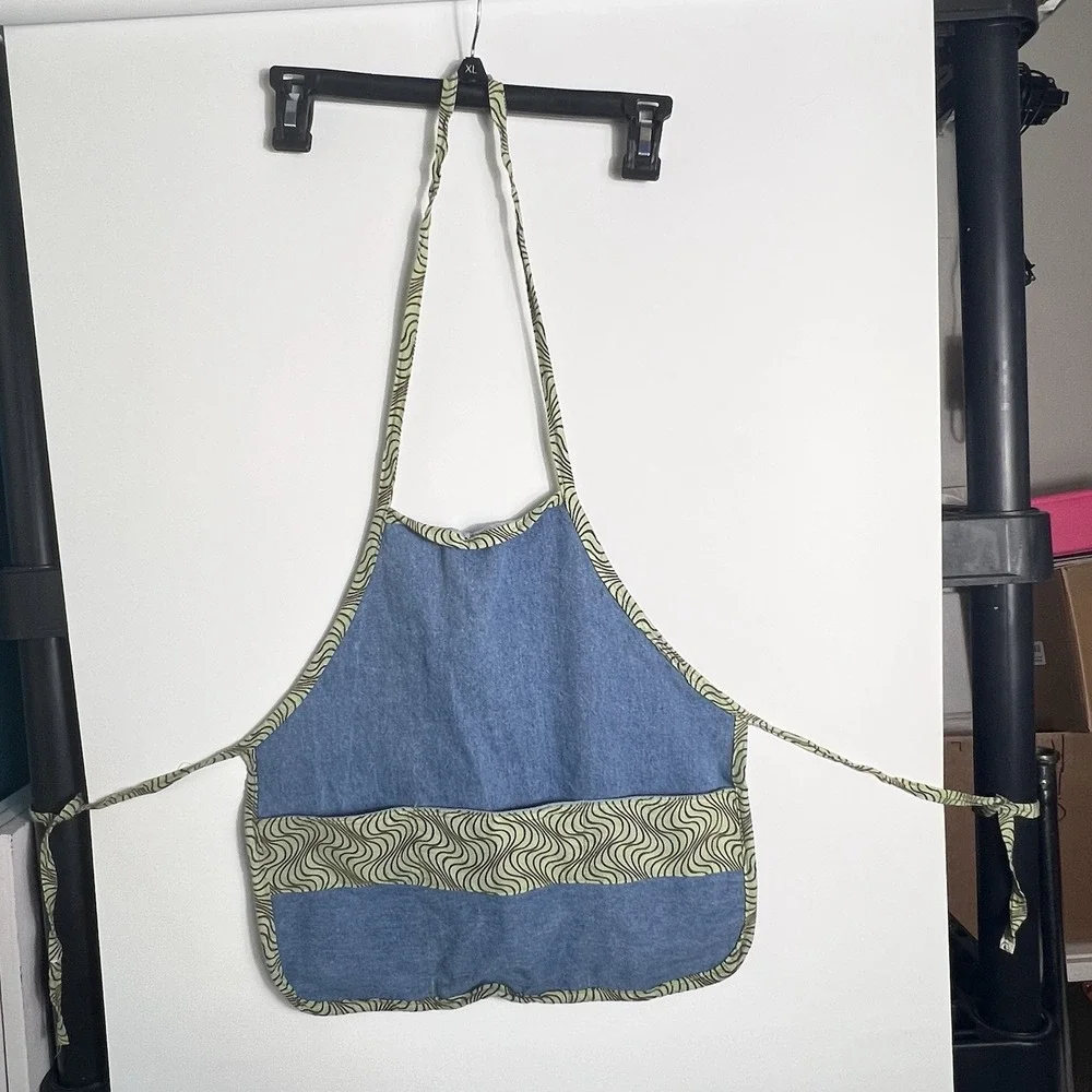 Vtg Handmade Denim Apron‎ Green Wavy Trim and Pockets Child Sized Or Adult Torso